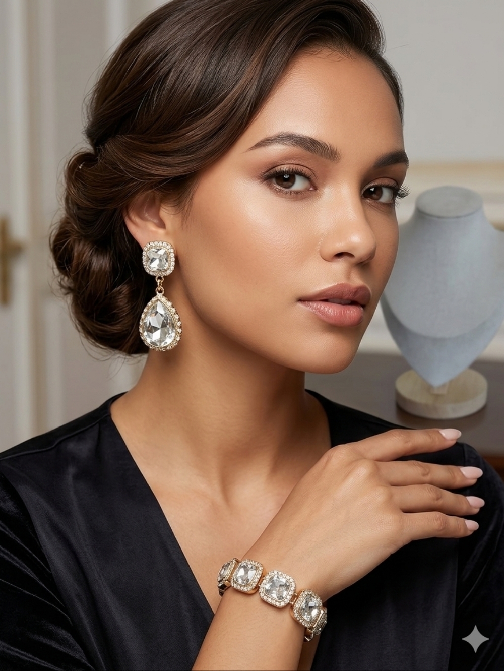 Crystal Drop Earrings and Bracelet Jewelry Set in Clear Crystal and Gold